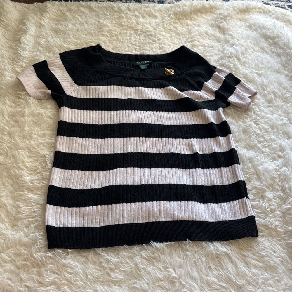 Ralph Lauren Black and Cream Striped Short Sleeve Sweater L